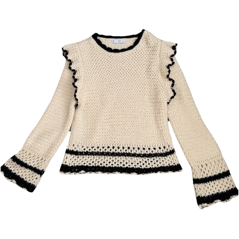 Mango Open Knit Ruffle Sweater Womens XL Boho Coastal Preppy Wool Blend Cottage